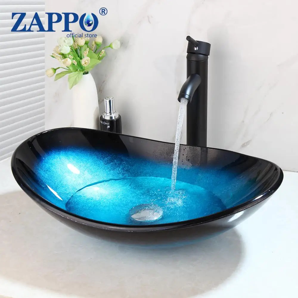 Bathroom Vessel Sink with Waterfall Black Faucet