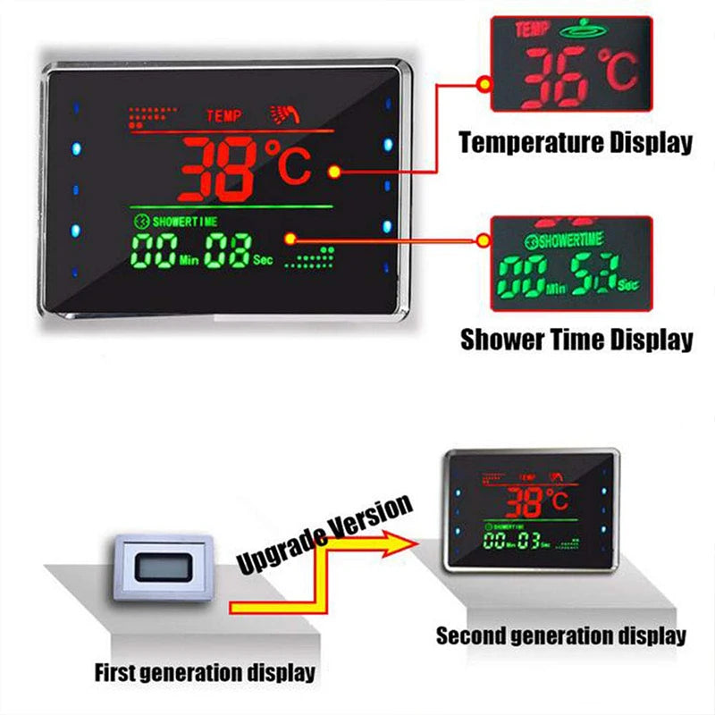 LED Light Rainfall Bathroom Shower Faucet Set Temperature Screen