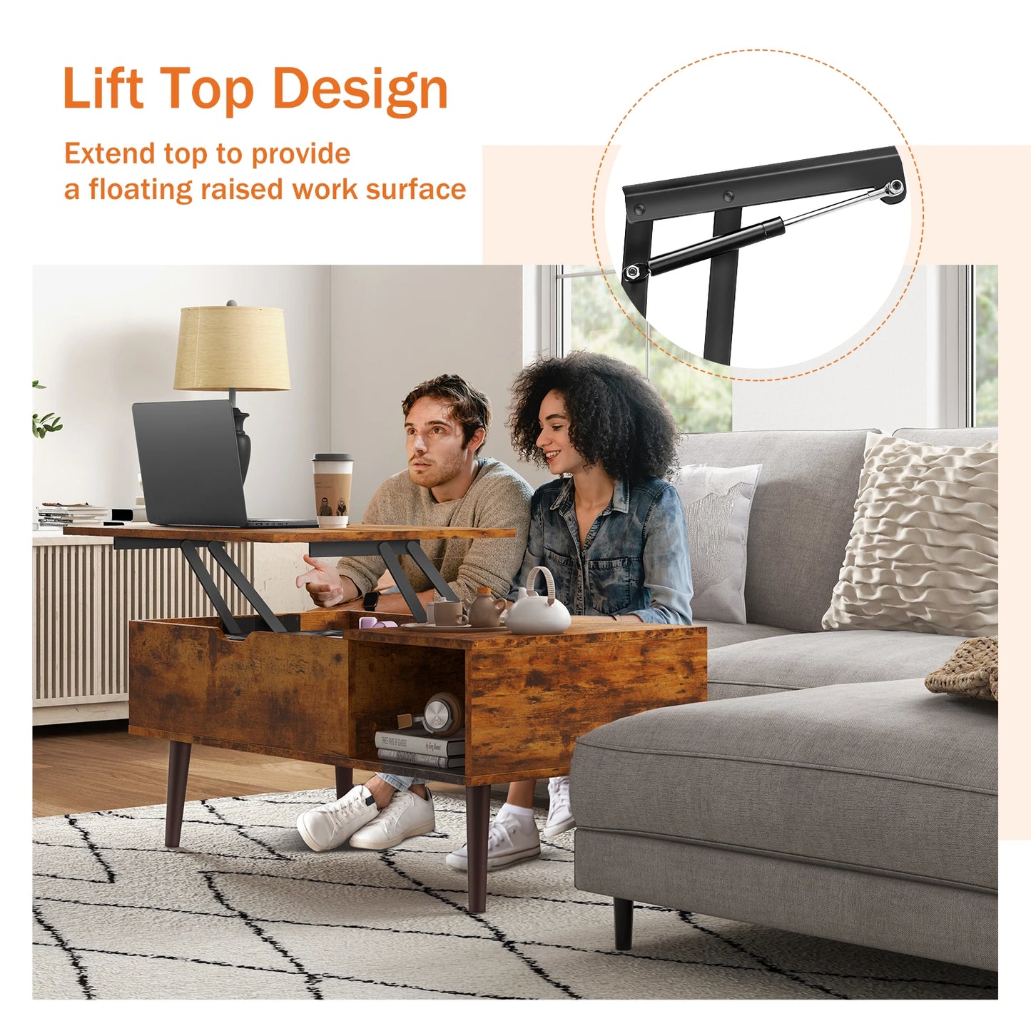 Lift Top Coffee Wood Dining Tables With Adjustable Storage Shelf