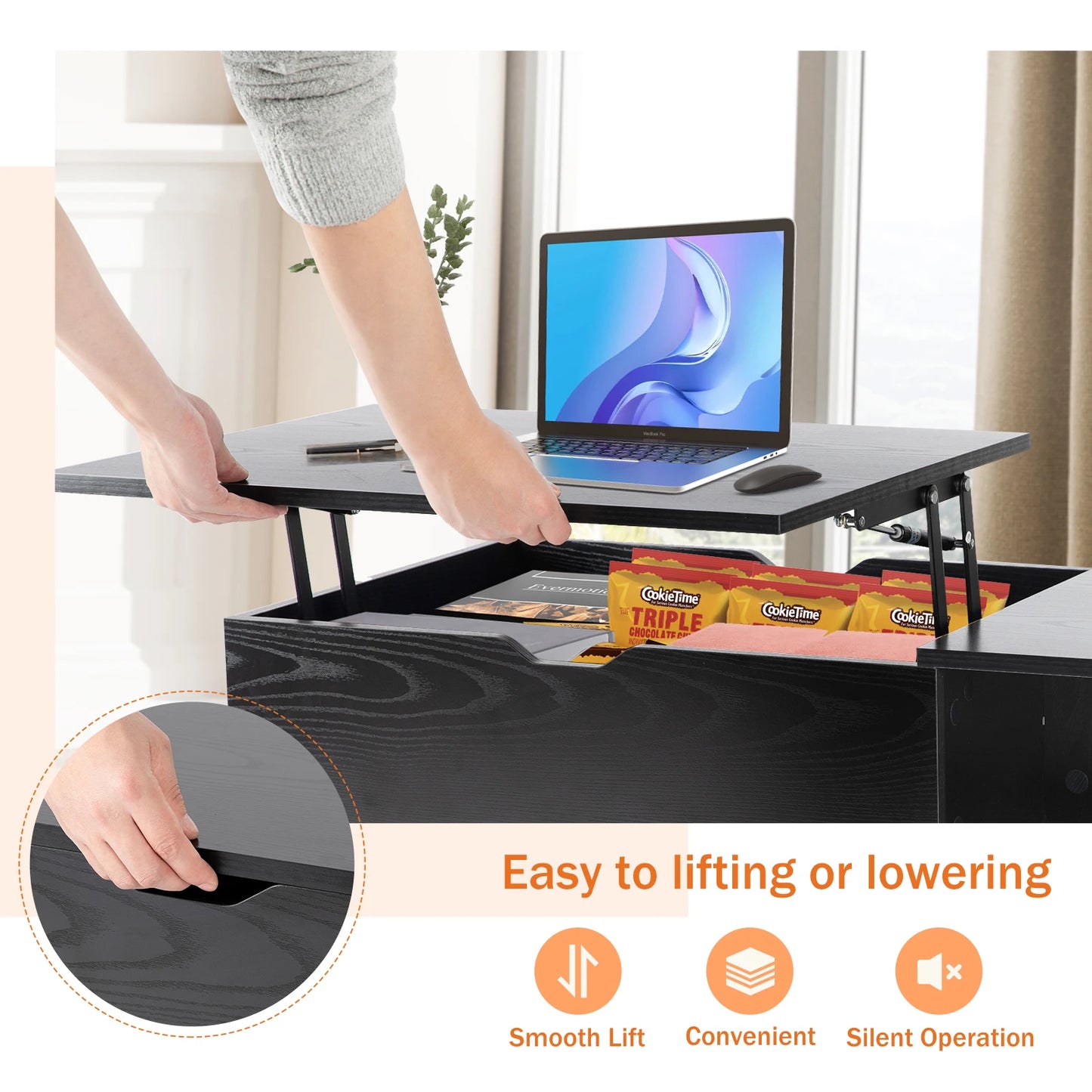 Lift Top Coffee Wood Dining Tables With Adjustable Storage Shelf