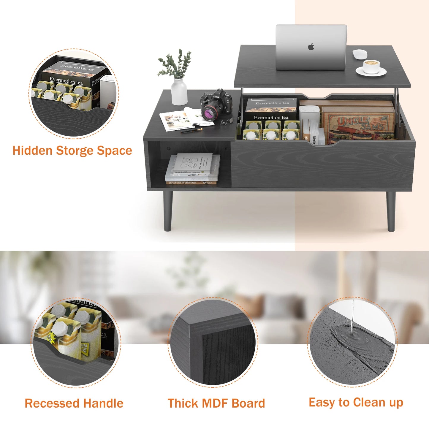 Lift Top Coffee Wood Dining Tables With Adjustable Storage Shelf
