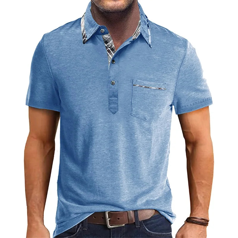 Men Short Sleeve T-Shirts Contrast Plaid Turn-Down Collar Buttons