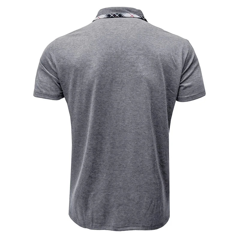 Men Short Sleeve T-Shirts Contrast Plaid Turn-Down Collar Buttons