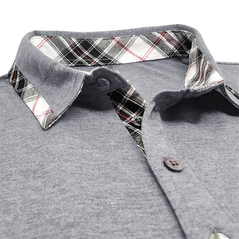 Men Short Sleeve T-Shirts Contrast Plaid Turn-Down Collar Buttons