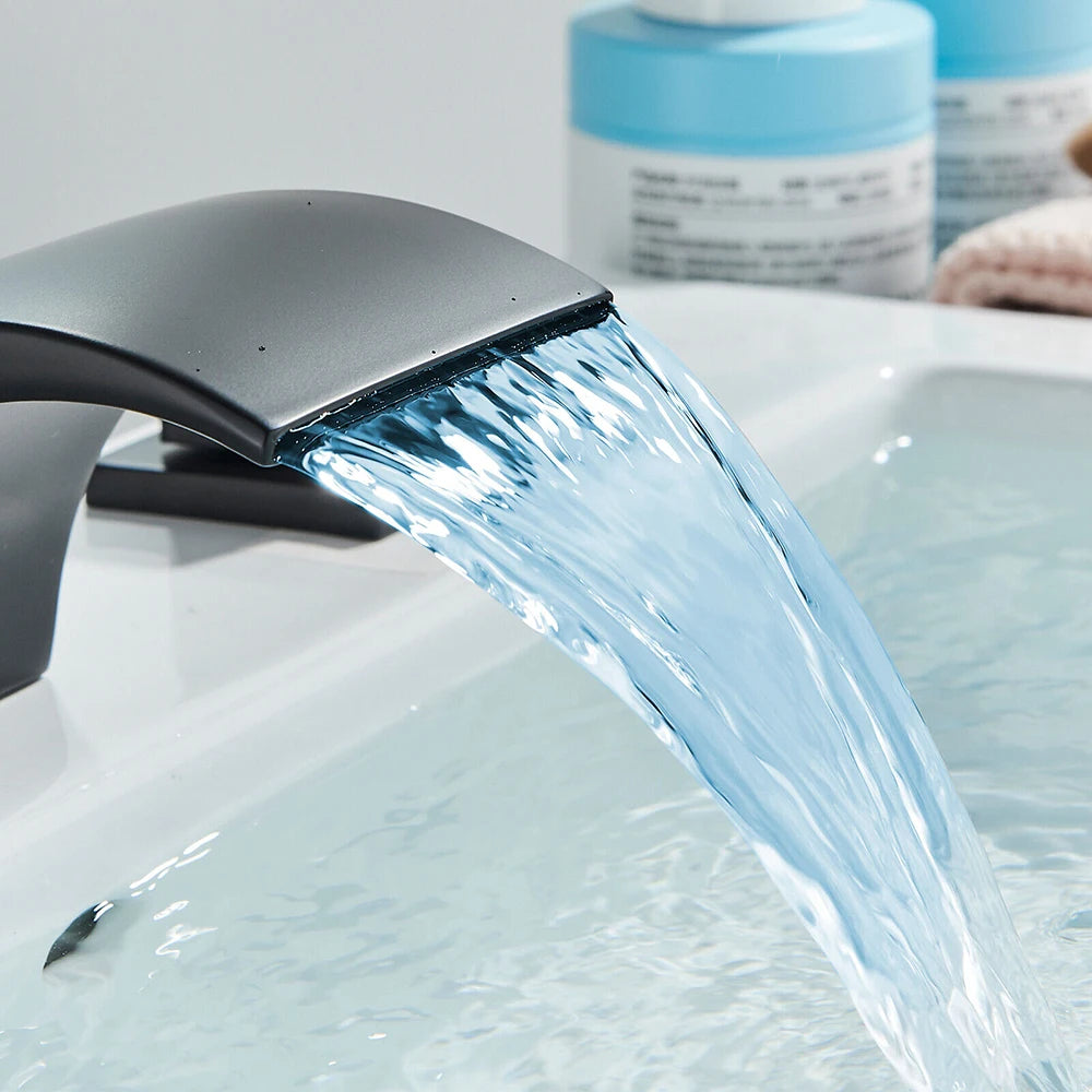 LED Lavatory Faucets Waterfall Vanity Widespread Sink Faucet