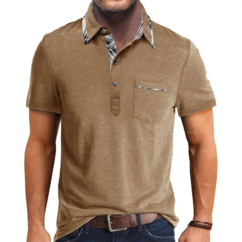 Men Short Sleeve T-Shirts Contrast Plaid Turn-Down Collar Buttons