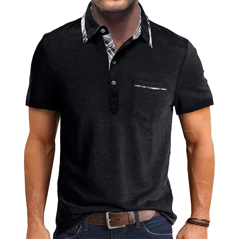 Men Short Sleeve T-Shirts Contrast Plaid Turn-Down Collar Buttons