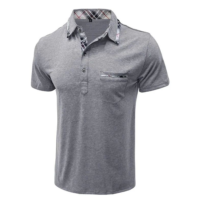 Men Short Sleeve T-Shirts Contrast Plaid Turn-Down Collar Buttons