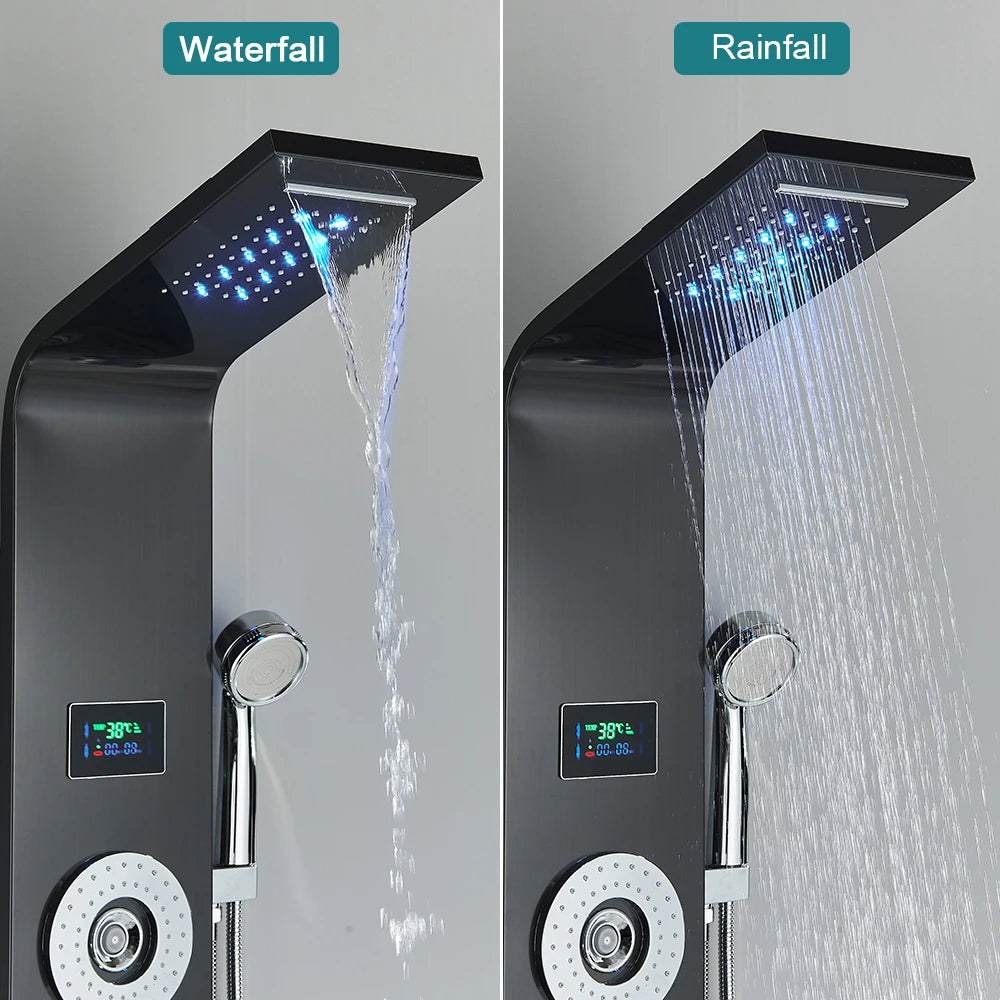 Golden Bathroom Shower Panel Column LED Rain Waterfall Shower