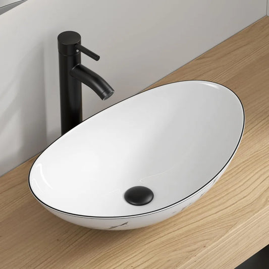 Countertop Sink Boat Shape Above Counter Porcelain Vessel Sink With Black Faucet