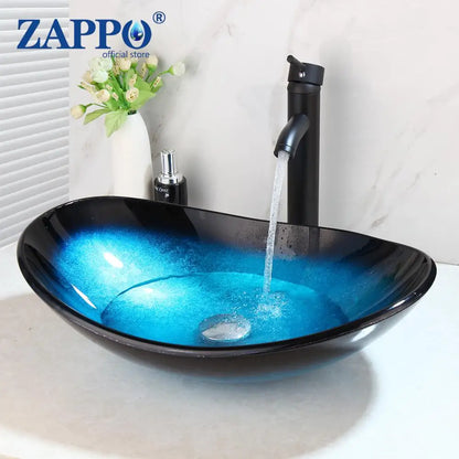 Bathroom Vessel Sink with Waterfall Black Faucet