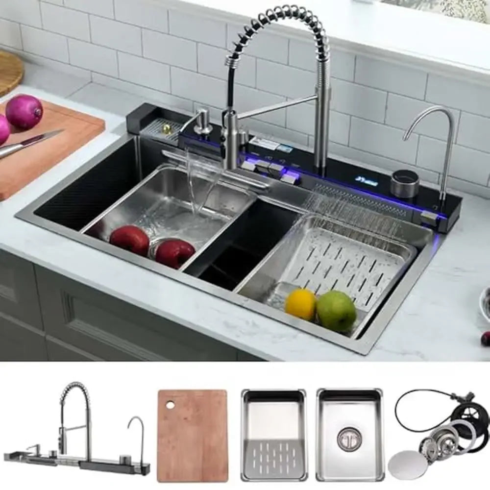 Waterfall Kitchen Sink with Pull-out Faucet Washer Soap Dispenser Filter