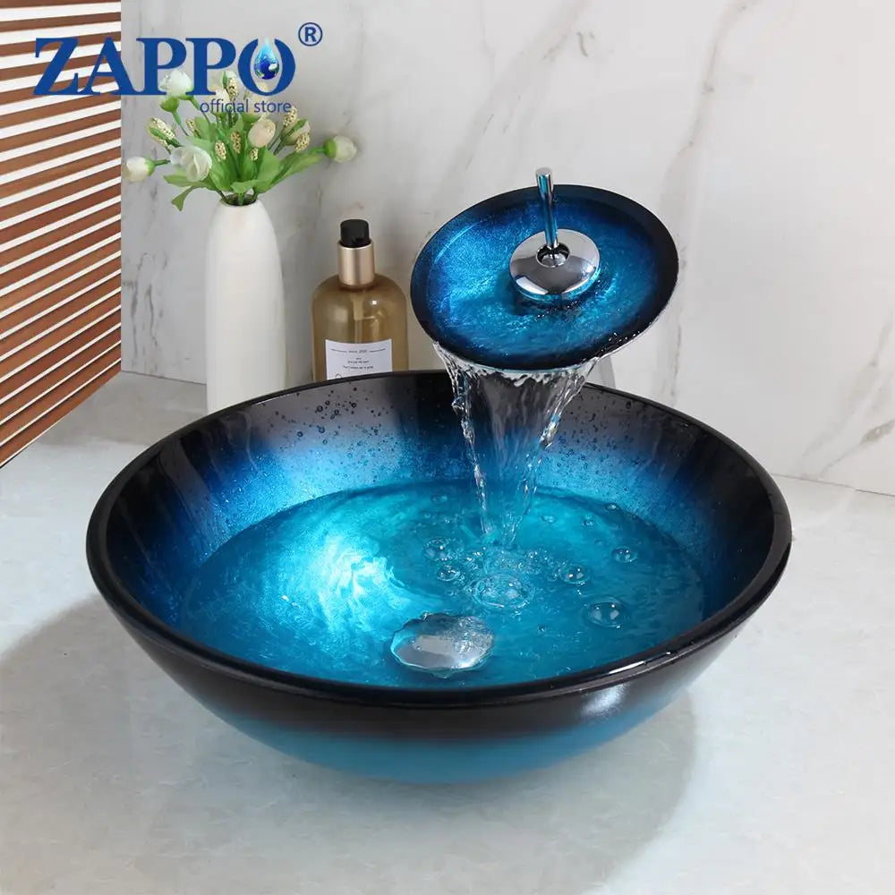 Bathroom Vessel Sink with Waterfall Black Faucet
