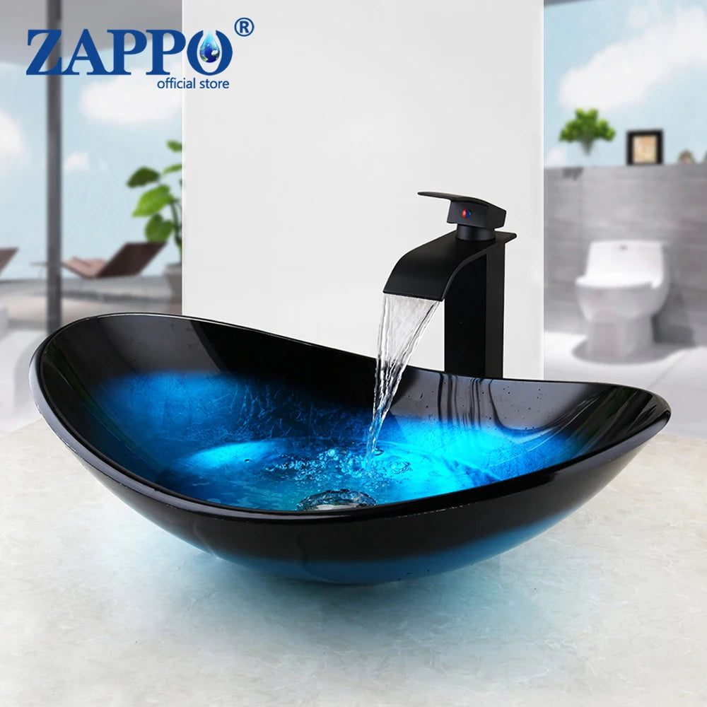 Bathroom Vessel Sink with Waterfall Black Faucet