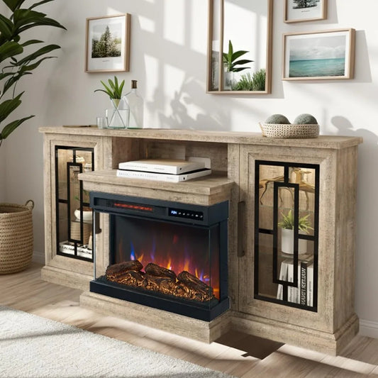 3-Side Glass Fireplace, Modern Media Entertainment Center Console