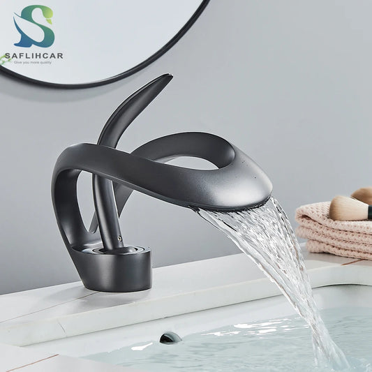 Matte Black Bathroom Basin Faucet Brass Single Handle Waterfall