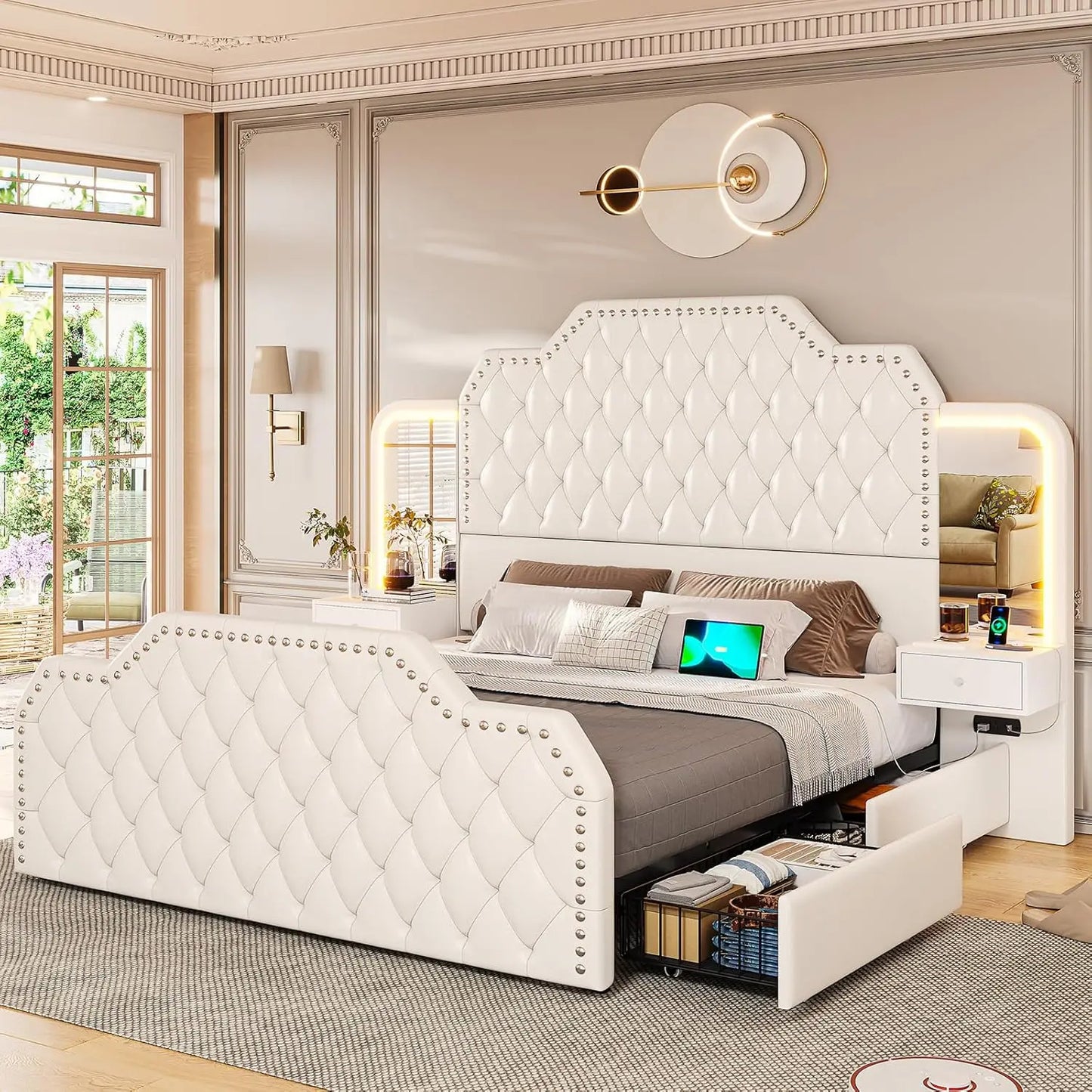 Queen Size Platform Bed Frame,with Deep Button Tufted Head - Footboard