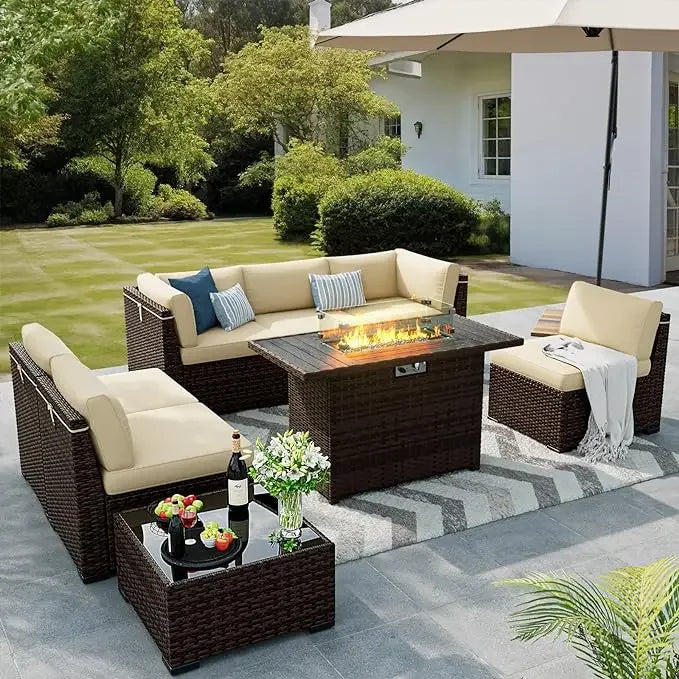 8 Pieces Outdoor Patio Furniture Set with 44" Fire Pit