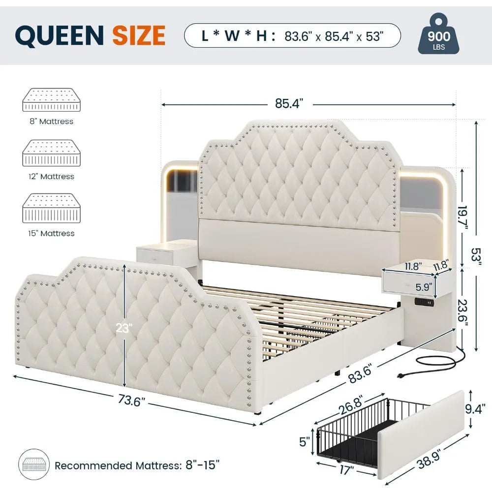 Queen Size Platform Bed Frame,with Deep Button Tufted Head - Footboard