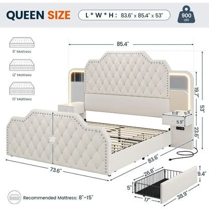 Queen Size Platform Bed Frame,with Deep Button Tufted Head - Footboard