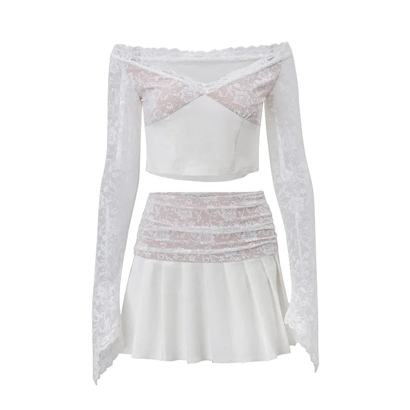 Women s 2 Piece Tops Mini Lace Floral Skirt Set