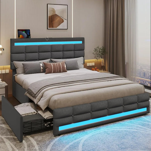 Upholstered Platform Queen Size Bed Frame w LED Lights Head & Footboard