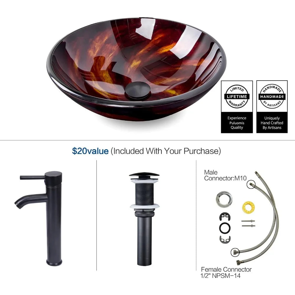 Bathroom Tempered Glass Vanity Round Bowl With Oil Rubber Bronze Faucet