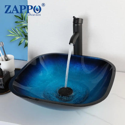 Bathroom Vessel Sink with Waterfall Black Faucet