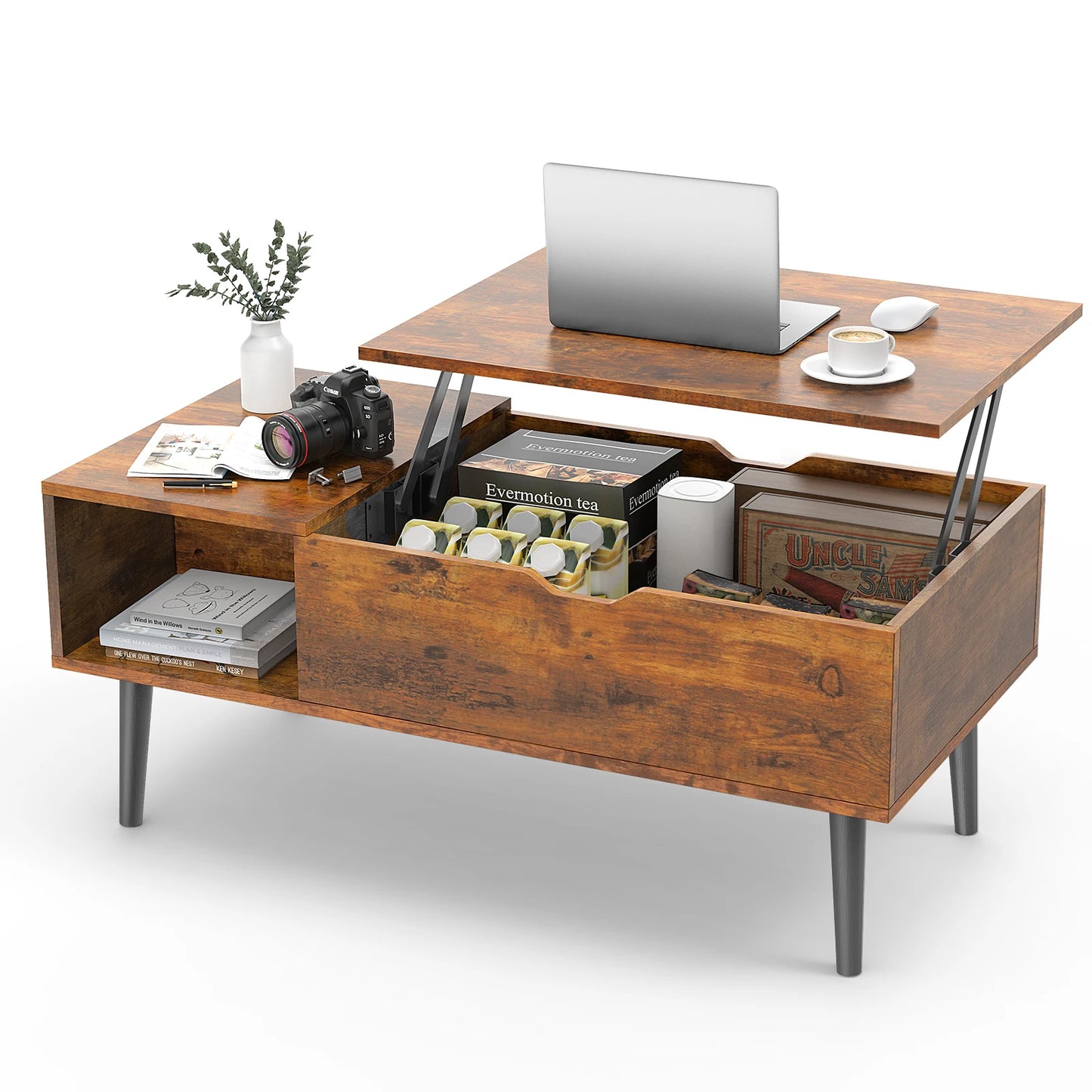 Lift Top Coffee Wood Dining Tables With Adjustable Storage Shelf