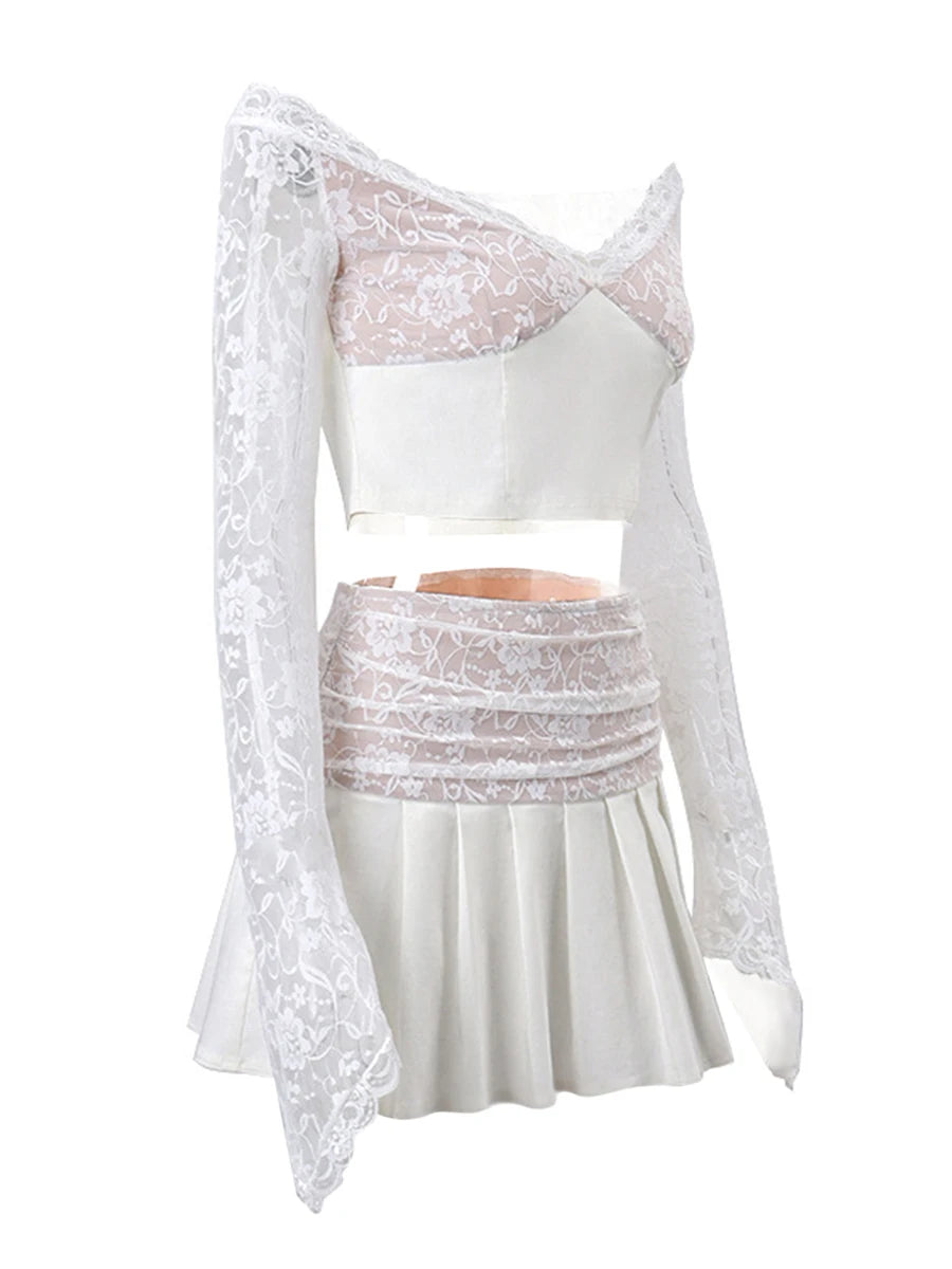 Women s 2 Piece Tops Mini Lace Floral Skirt Set