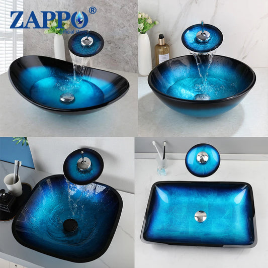 Bathroom Vessel Sink with Waterfall Black Faucet