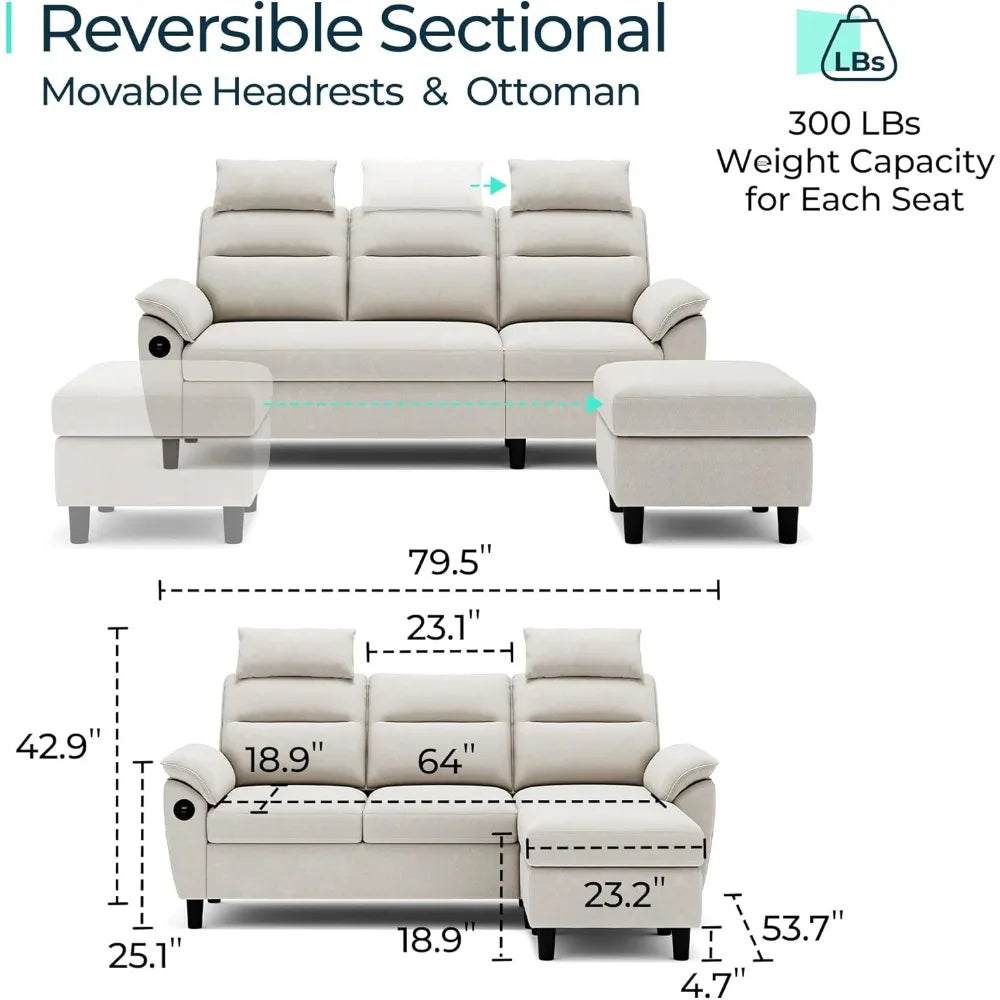 Sectional Sofa High Back 2 USB L Shaped Sofa with Extra Headrests,