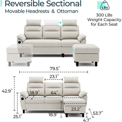 Sectional Sofa High Back 2 USB L Shaped Sofa with Extra Headrests,