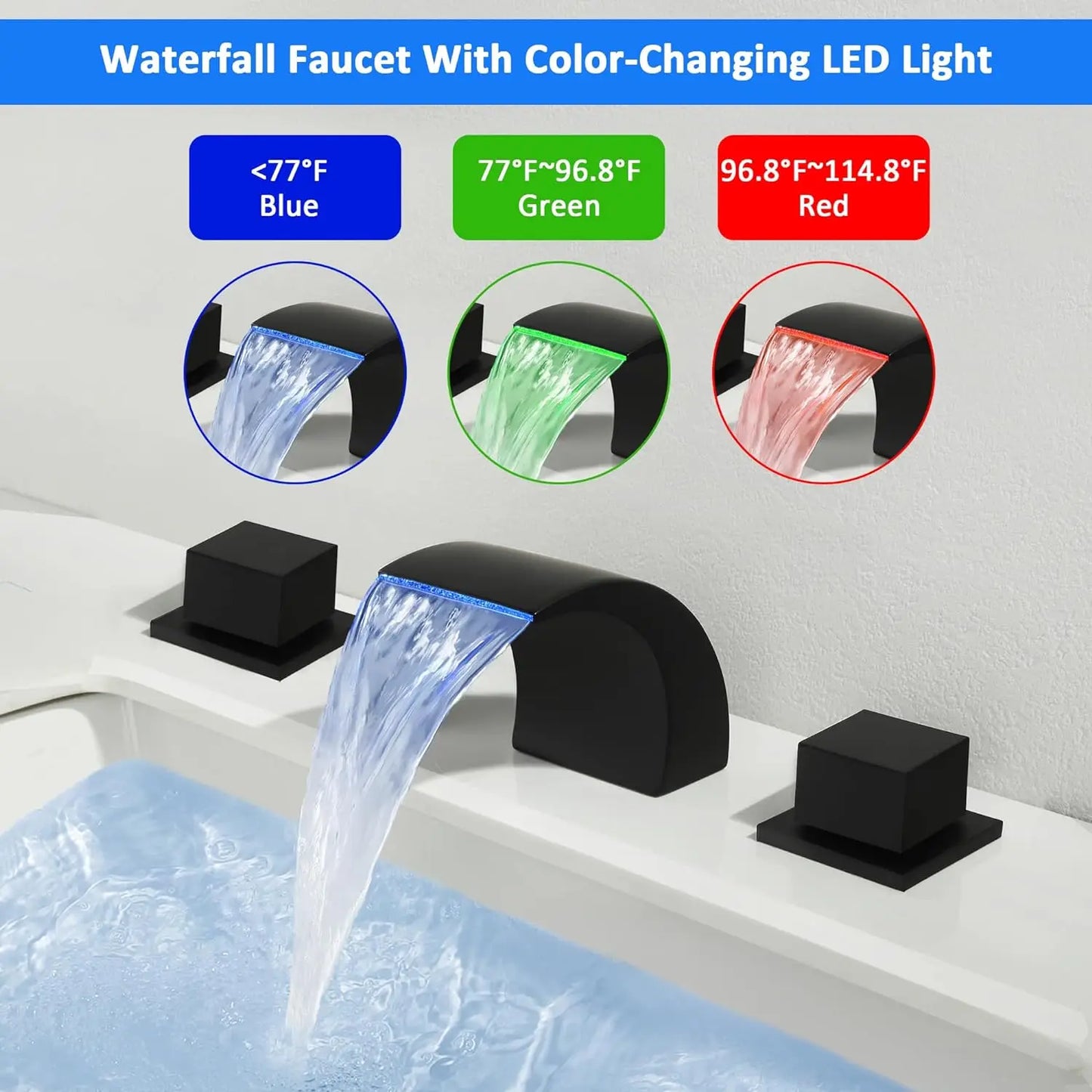 LED Lavatory Faucets Waterfall Vanity Widespread Sink Faucet