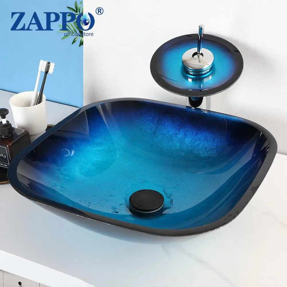 Bathroom Vessel Sink with Waterfall Black Faucet