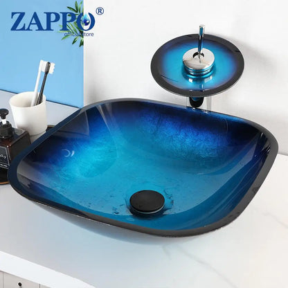 Bathroom Vessel Sink with Waterfall Black Faucet