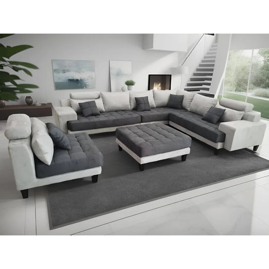 L Shape U Shape Reversible Modern 2 Tone Gray Microfiber Fabric Sectional