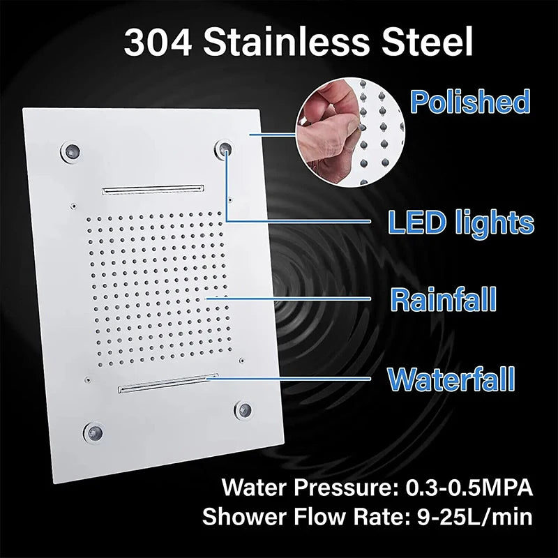 Brushed Ceiling Shower Head with LED Lights Large Rainfall Smart Square Sprayer