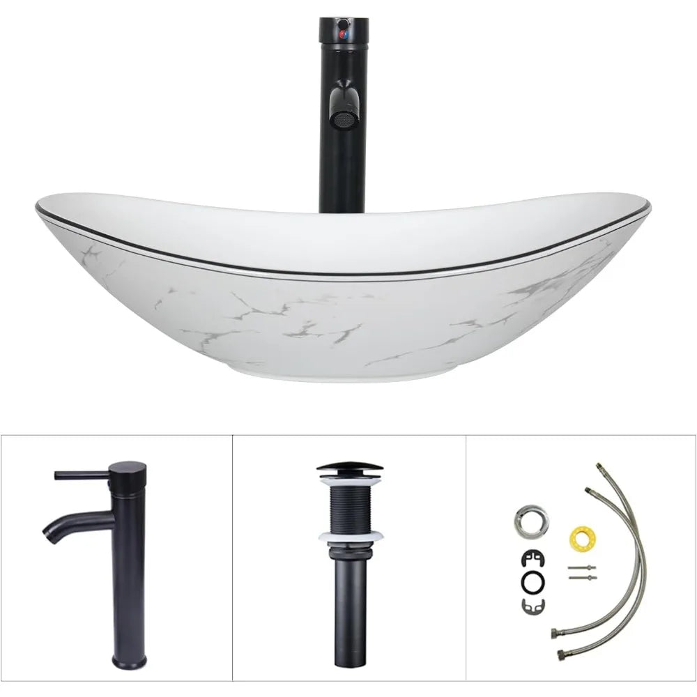 Countertop Sink Boat Shape Above Counter Porcelain Vessel Sink With Black Faucet