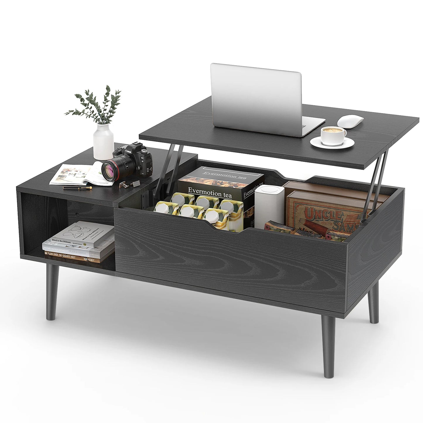 Lift Top Coffee Wood Dining Tables With Adjustable Storage Shelf