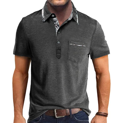 Men Short Sleeve T-Shirts Contrast Plaid Turn-Down Collar Buttons