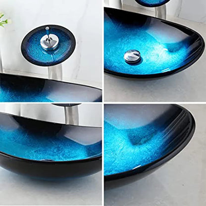 Bathroom Vessel Sink with Waterfall Black Faucet