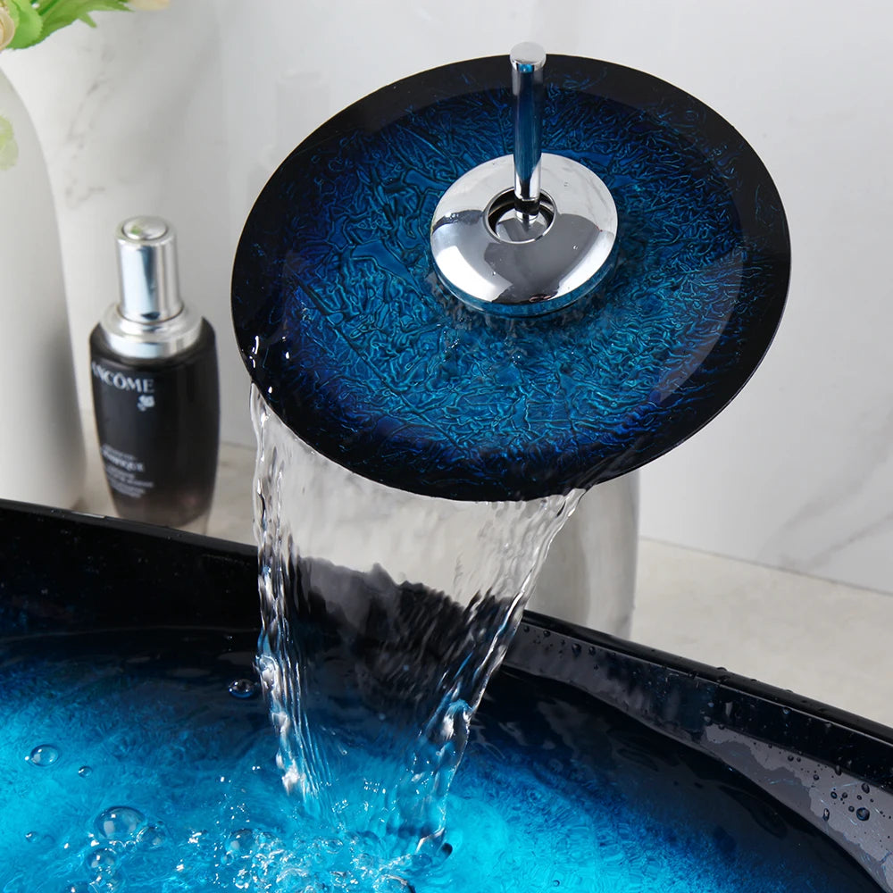 Bathroom Vessel Sink with Waterfall Black Faucet