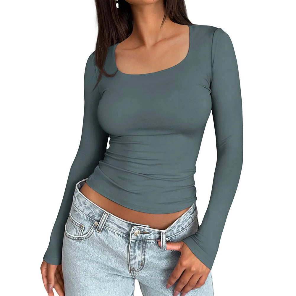 Women Long Sleeve Shirts Solid Color Crew Neck Casual Shirt Outfit