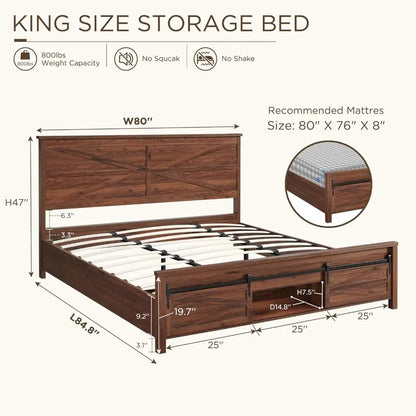 Bed Frame with Sliding Barn Door Storage Cabinets