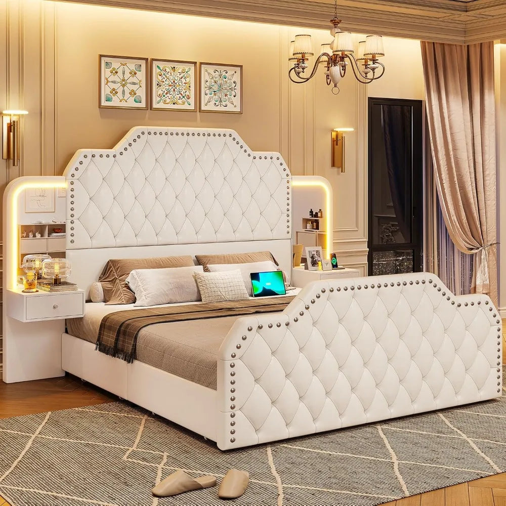 Queen Size Platform Bed Frame,with Deep Button Tufted Head - Footboard