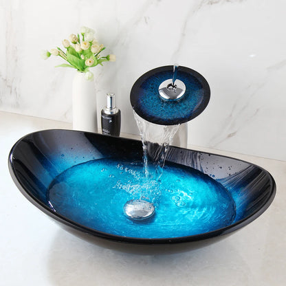 Bathroom Vessel Sink with Waterfall Black Faucet