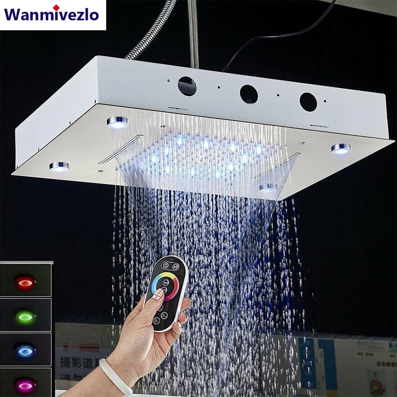 Brushed Ceiling Shower Head with LED Lights Large Rainfall Smart Square Sprayer