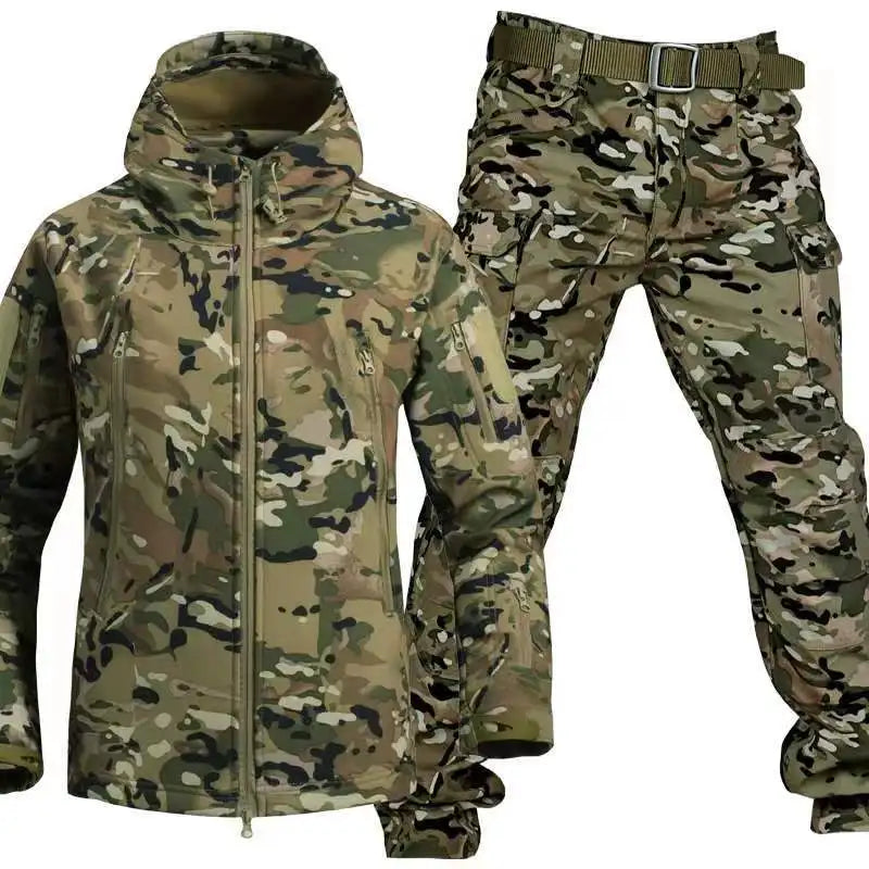 Outdoor Shark Skin Warmth Jackets Pants Set Men Tactical Camo