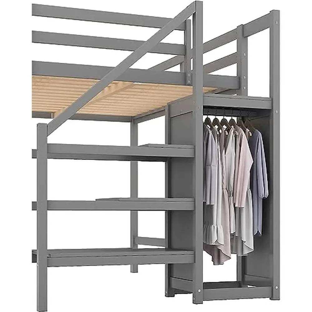 Full Size Loft Bed with Storage Wardrobe and Staircase